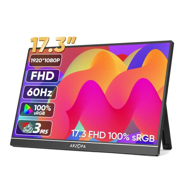 ARZOPA Bärbar Skärm, Full HD 1080P Upplösning, IPS Skärmteknologi,17,3 1080P 100sRGB