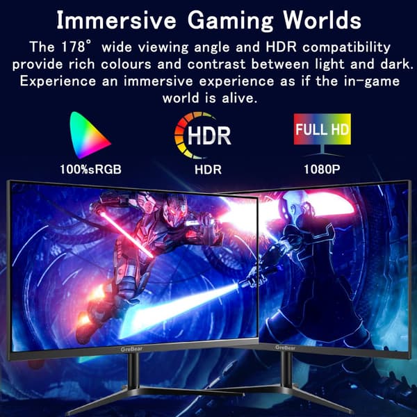 GreBear Spelmonitor, 165Hz uppdateringsfrekvens, 1ms responstid,svart, EU-plugg