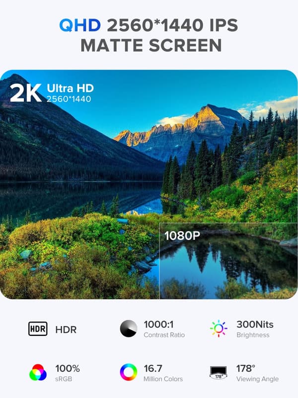 22-tums bärbar skärm, 1440P QHD, 100% sRGB färgomfång,EU-kontakt