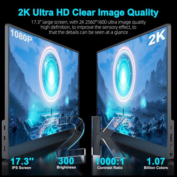 Bärbar 17,3-tumsmonitor, 144Hz uppdateringsfrekvens, 2560x1440 upplösning,EU-kontakt