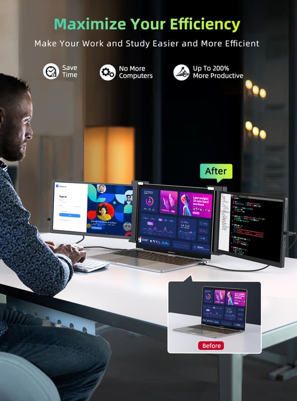 Bärbar 14-tums Trippelskärm, Full HD 1080P Display, Avtagbara Dubbla Skärmar