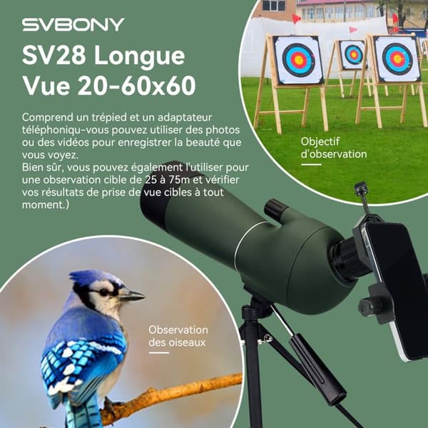 Svbony SV28 Teleskop 20-60x60 Bak4 Prisma Vattentät Monokulär Synfält 40-20m/1000m Sportskytte med Stativ
