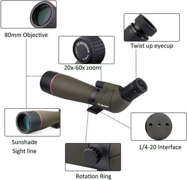 Svbony SV13 20-60X80 Kittkikare med Telefonadapter, HD Porro Prisma FMC Optik Vattentät Monokulär Kittkikare för Sportskytte
