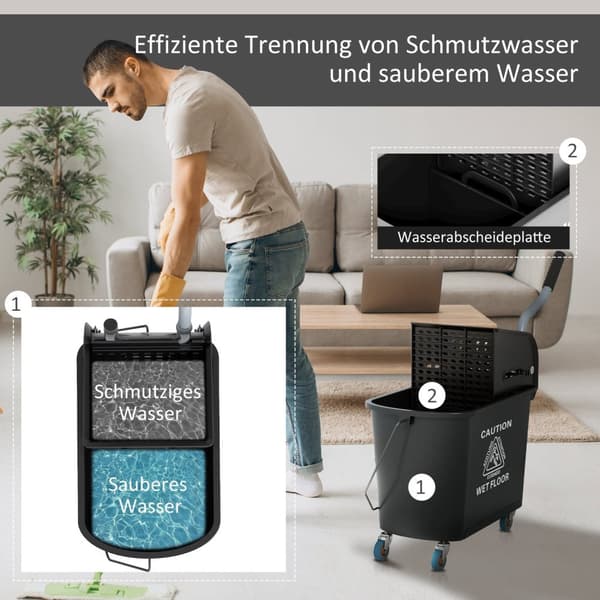 Rootz 20l mopp hink med wringer - rengöring hink - rullande hink - enkel rörlighet - 60 cm x 27 cm x 70,5 cm