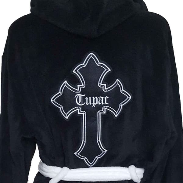 2 PAC Tupac Bathrobe Cross Logo Official Black super soft fleece Unisex