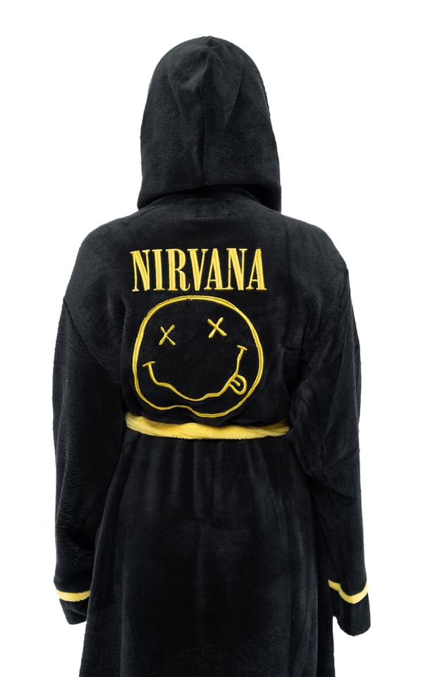 Nirvana Bathrobe Yellow Smile Band Logo Official Black super soft fleece Unisex
