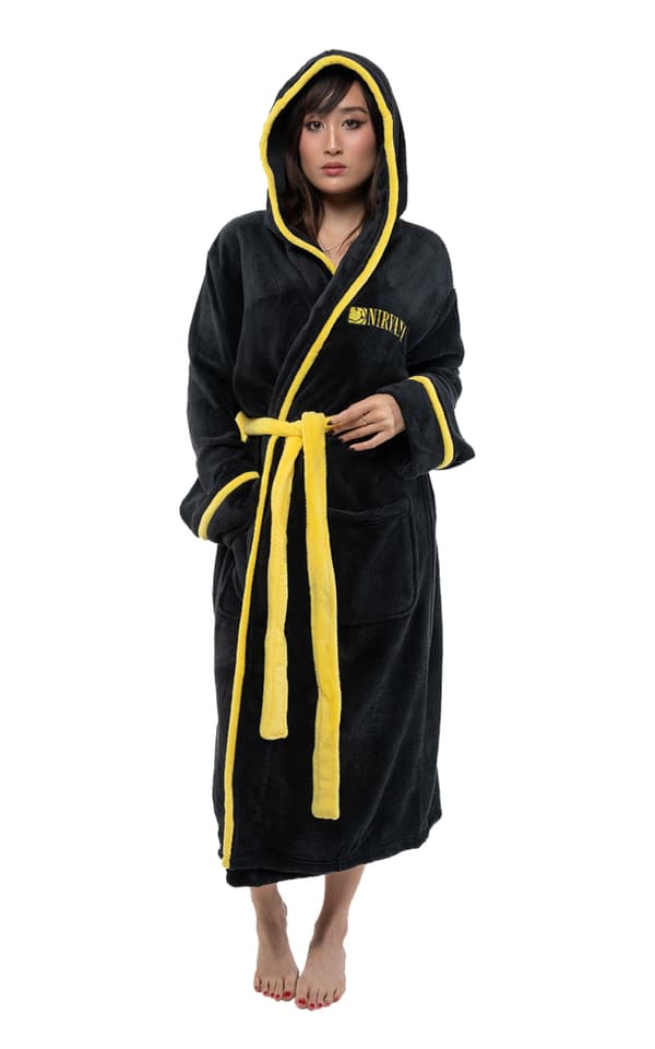 Nirvana Bathrobe Yellow Smile Band Logo Official Black super soft fleece Unisex