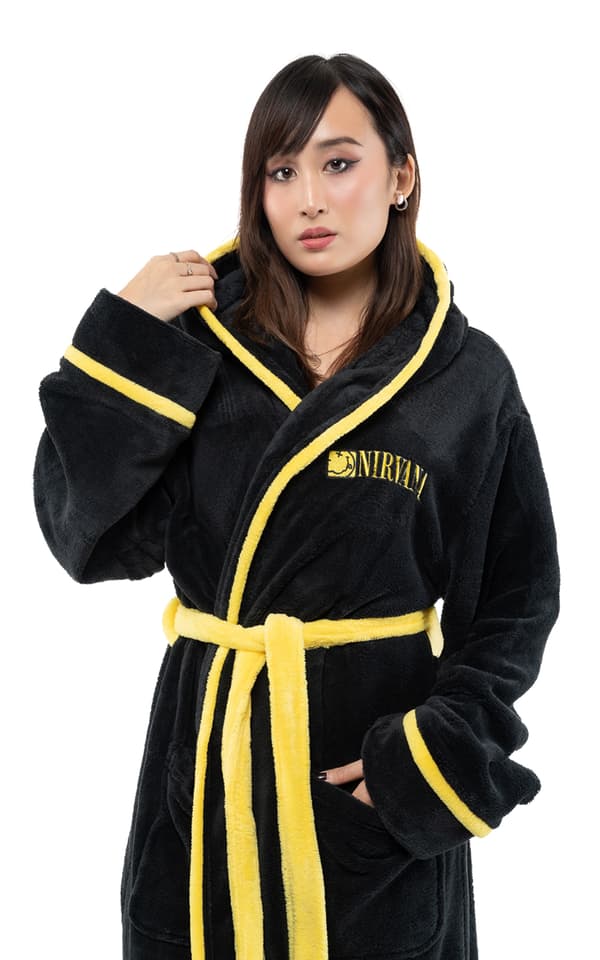 Nirvana Bathrobe Yellow Smile Band Logo Official Black super soft fleece Unisex Black S