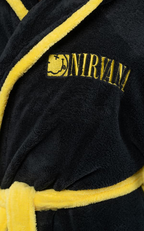 Nirvana Bathrobe Yellow Smile Band Logo Official Black super soft fleece Unisex