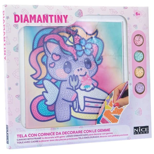 Mosaikspel Diamantiny - 90037 - Design Konst Kawaii Enhörning med Tårta på Duken, Flerfärgad