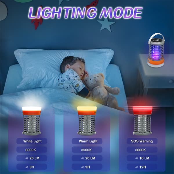 Elektrisk insektdræber, 5W 2000V mygdræber campinglampe, 3 lystilstande UV-myggelampe, IP66 vandtæt myggefælde, USB-myggedræber med rede