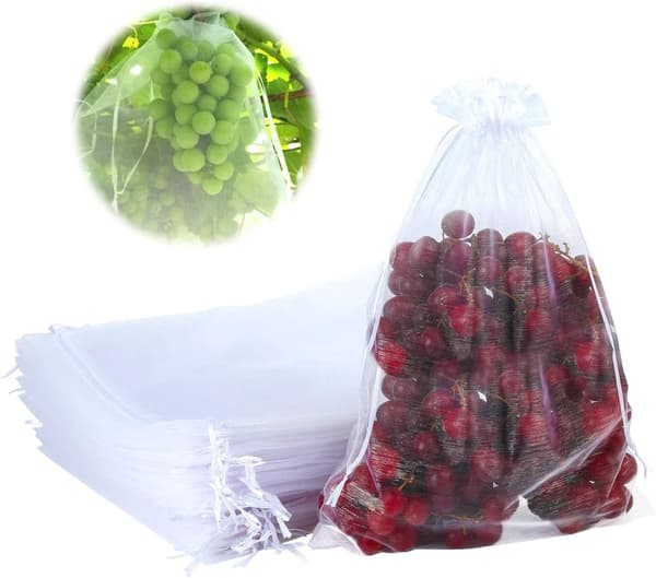 50 Bolsas Protectoras de Organza para Racimos de Uvas con Cintas 25x35cm Bolsa Protectora de Frutas Red contra Insectos Protección Antiplagas para Jar