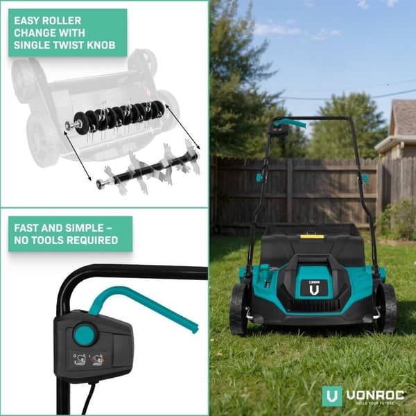 VONROC 1300W Vertikalskärare & Mossrivare – 2-i-1 gräsmatteluftare med justerbart djup