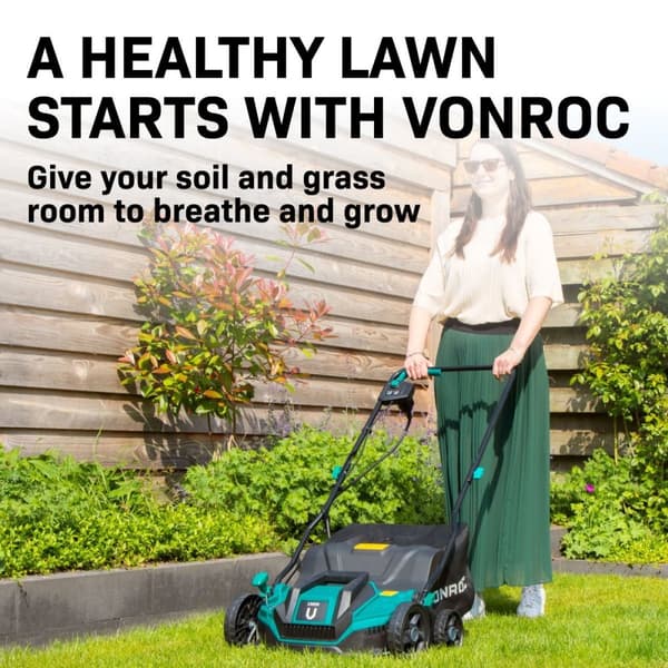 VONROC 1300W Vertikalskärare & Mossrivare – 2-i-1 gräsmatteluftare med justerbart djup