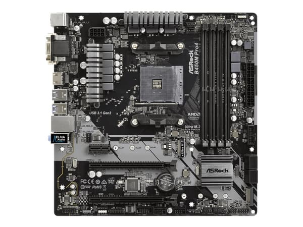 ASRock B450M PRO4 - Hovedkort - mikro ATX - Socket AM4 - AMD B450 Chipset - USB 3.1 Gen 1, USB-C Gen2, USB 3.1 Gen 2 - Gigabit LAN - innbygd grafikk