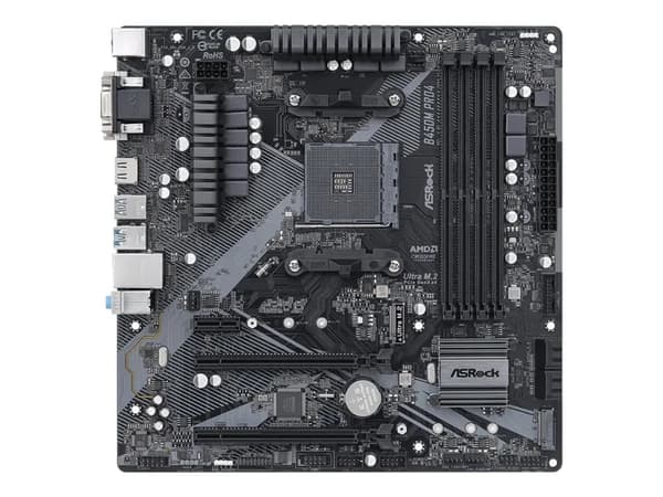 ASRock B450M PRO4 - Hovedkort - mikro ATX - Socket AM4 - AMD B450 Chipset - USB 3.1 Gen 1, USB-C Gen2, USB 3.1 Gen 2 - Gigabit LAN - innbygd grafikk