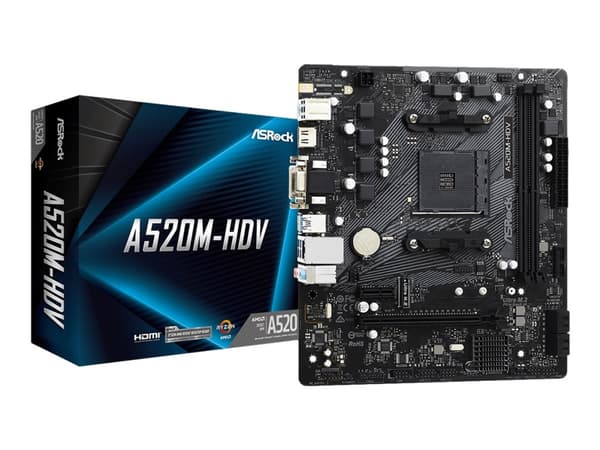 ASRock A520M-HDV - Hovedkort - micro ATX - Socket AM4 - AMD A520 Chipset - USB 3.2 Gen 1 - Gigabit LAN - innbygd grafikk (CPU kreves) - HD-lyd (8-kan