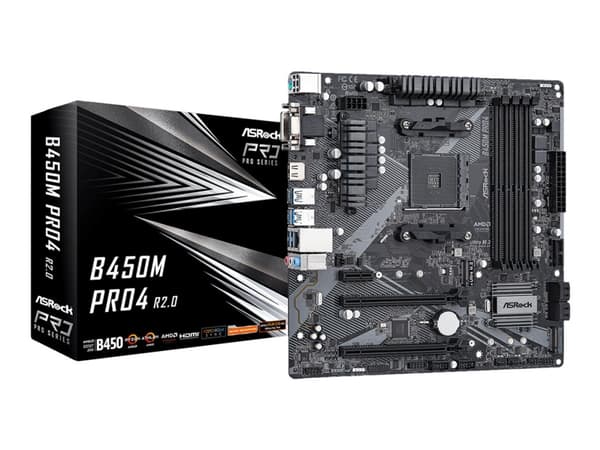 ASRock B450M Pro4 R2.0 - Moderkort - micro ATX - Socket AM4 - AMD B450 Chipuppsättning - USB-C Gen2, USB 3.2 Gen 1, USB 3.2 Gen 2 - Gigabit LAN - inb