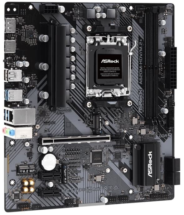 ASRock A620M-HDV/M.2+ - Moderkort - micro ATX - Socket AM5 - AMD A620 Chipuppsättning - USB 3.2 Gen 1, USB-C 3.2 Gen 1 - Gigabit LAN - inbyggda grafi