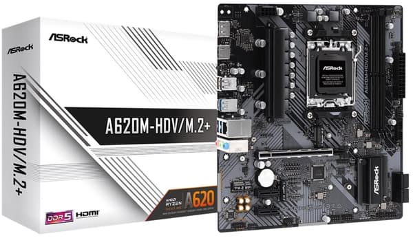 ASRock A620M-HDV/M.2+ - Moderkort - micro ATX - Socket AM5 - AMD A620 Chipuppsättning - USB 3.2 Gen 1, USB-C 3.2 Gen 1 - Gigabit LAN - inbyggda grafi