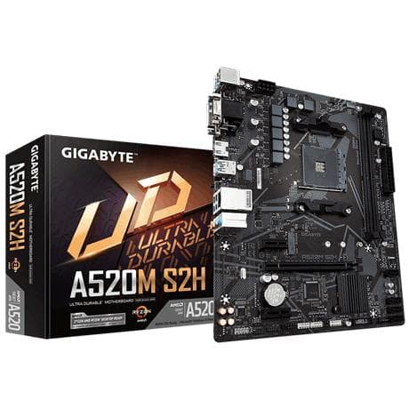 GIGABYTE A520M S2H bundkort - Understøtter AMD Ryzen 5000-serien AM4 CPU'er, 4+3 faser Pure Digital VRM, op til 5100 MHz DDR4 (OC), PCIe 3.0 x4 M.2,