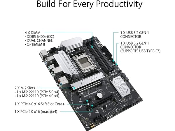 ASUS PRIME B650-PLUS, AMD, Sokkel AM5, AMD Ryzen™ 3, AMD Ryzen™ 7, AMD Ryzen 9 7th Gen, Sokkel AM5, DDR5-SDRAM, 128 GB
