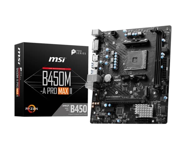 MSI B450M-A PRO MAX II - Moderkort - micro ATX - Socket AM4 - AMD B450 Chipuppsättning - USB 3.2 Gen 1 - 2.5 Gigabit LAN - inbyggda grafiken (CPU krä