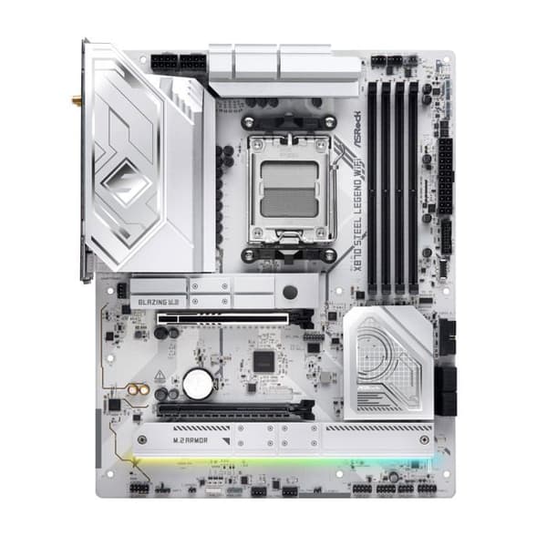 X870E Steel Legend moderkort med integrerat WiFi och AM5-sockelstöd.