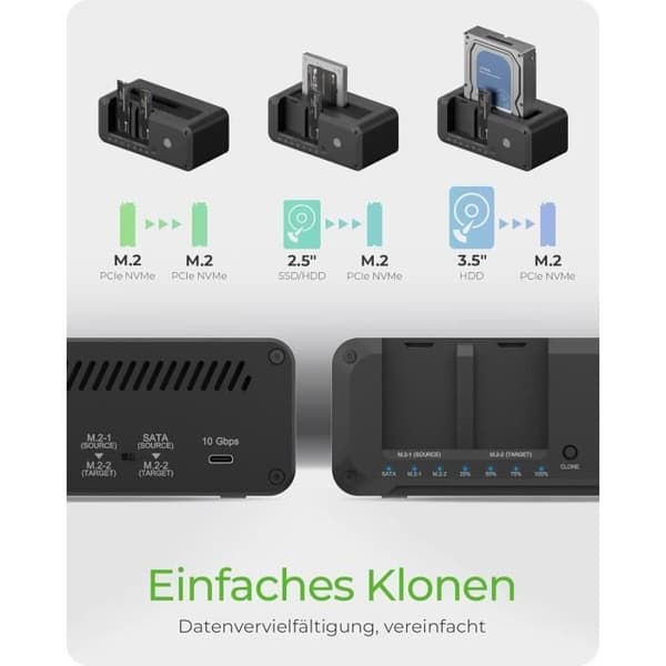 HDD/M.2 NVMe SSD-docka - ICY BOX - IB-2924MSCL-C31 - USB 3.2 Gen 2 - Enkel kloning - 10 Gbit/s