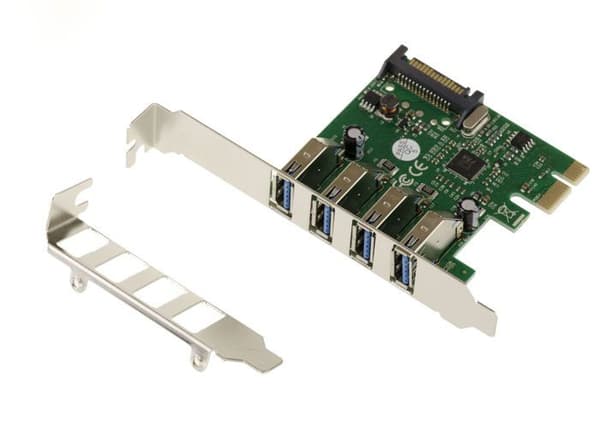 PCI EXPRESS PCIe till USB 3.0 Controller Card 4 horisontella USB3 A-portar med Via VLI VL805 Chipset, LÅG- och HÖGPROFIL-fästen