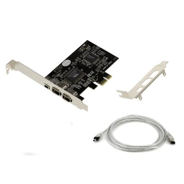 PCIe FireWire 400 IEEE1394a 3-portskort med VIA6308 och ASM1083 Chipset. Hög- och lågprofilfästen, med Ilink-sladd.