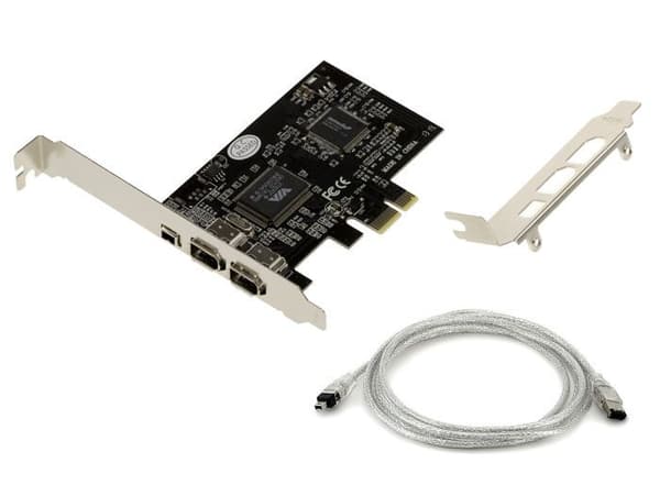 PCIe FireWire 400 IEEE1394a 3-portskort med VIA6308 och ASM1083 Chipset. Hög- och lågprofilfästen, med Ilink-sladd.