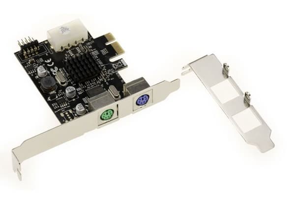 PCIe x1 PS/2-kort - 2 PS2-tangentbordsmusportar + 1 intern 9-punkts USB 2.0-port med ASIX 9990 chipset. Hög/låg profil