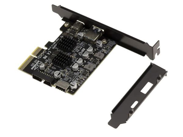 USB 3.2 Gen2 10G PCIe-kort med 2 externa A- och C-portar och 2 interna 19-punkts- och typ E-portar. ASM 3142-chipset och Via VLI VL8