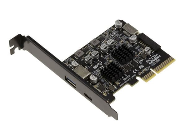 USB 3.2 Gen2 10G PCIe-kort med 2 externa A- och C-portar och 2 interna 19-punkts- och typ E-portar. ASM 3142-chipset och Via VLI VL8