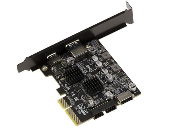 USB 3.2 Gen2 10G PCIe-kort med 2 externa A- och C-portar och 2 interna 19-punkts- och typ E-portar. ASM 3142-chipset och Via VLI VL8