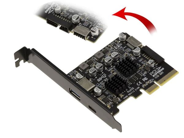 USB 3.2 Gen2 10G PCIe-kort med 2 externa A- och C-portar och 2 interna 19-punkts- och typ E-portar. ASM 3142-chipset och Via VLI VL8