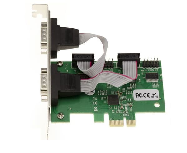 PCI Express PCIe Seriell RS232 4-portars styrkort med ASIX AX99100 Chipset. Med LÅG och HÖG PROFIL fästen