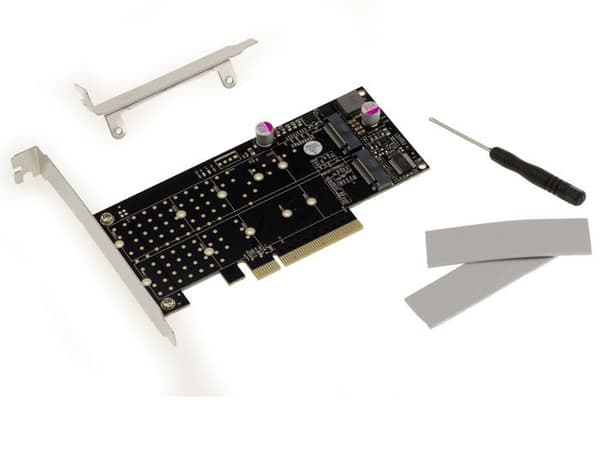 PCIe 3.0 x8-kontrollkort för 2 M.2 NVMe M Key (M2 NGFF) SSD:er. Med PERICOM PI6C20400ALE Chipset
