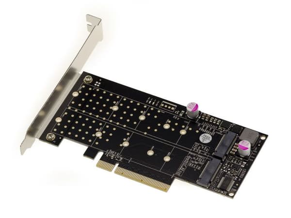 PCIe 3.0 x8-kontrollkort för 2 M.2 NVMe M Key (M2 NGFF) SSD:er. Med PERICOM PI6C20400ALE Chipset
