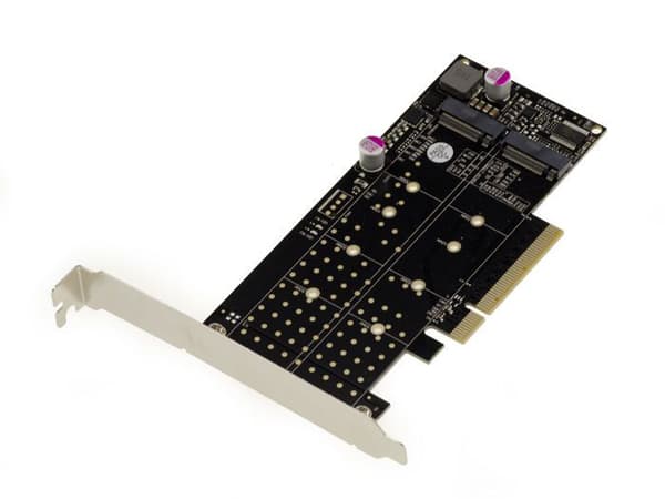 PCIe 3.0 x8-kontrollkort för 2 M.2 NVMe M Key (M2 NGFF) SSD:er. Med PERICOM PI6C20400ALE Chipset
