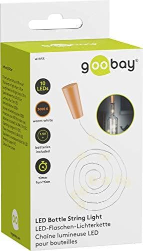 Goobay 10 LED flaske lyskæde, inkl. timer, sølv-lysebrun - atmosfærisk lys dekoration til glasflasker (49855) Lysebrun, Sølv