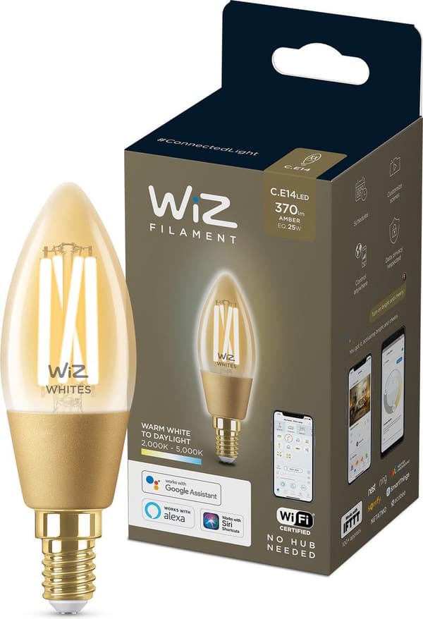 WiZ LED-glödlampa ljus Amber C35 E14 - Smart glödlampa - Guld - Wi-Fi - E14 - Multi - 2000 K [Energiklass G] (929002419001)