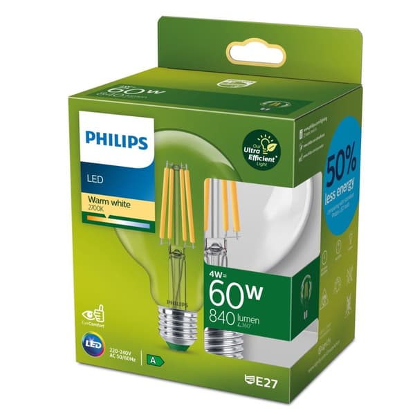 Signify Philips Classic LED A-mærkelampe 60W E27 Klar varm hvid globe [Energiklasse A] (929003642501)