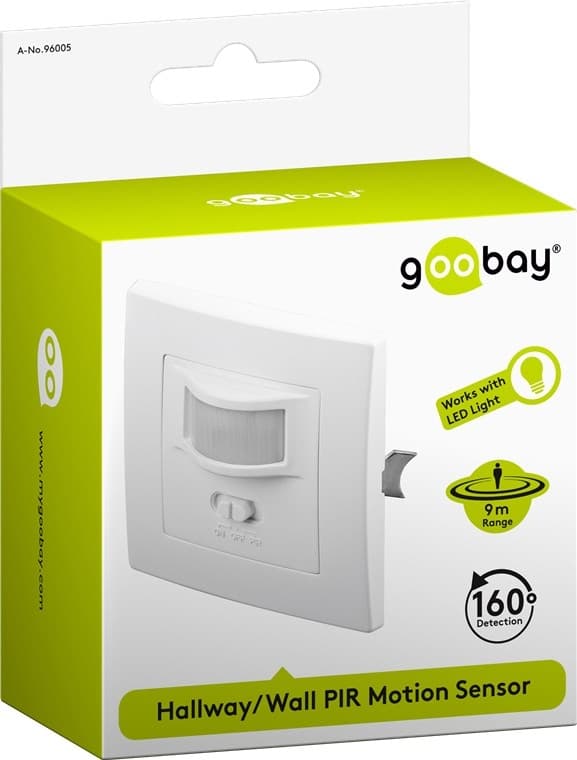 Goobay Infrarød bevegelsesdetektor for innfelt veggmontering, 160° deteksjon, 9 m rekkevidde, for innendørs bruk (IP20), LED tilpasset