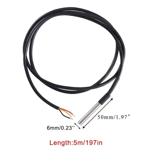 DS18B20 Vattentät Digital Temperatursond med 5 Meter Kabel - Kompatibel med Arduino och Raspberry Pi