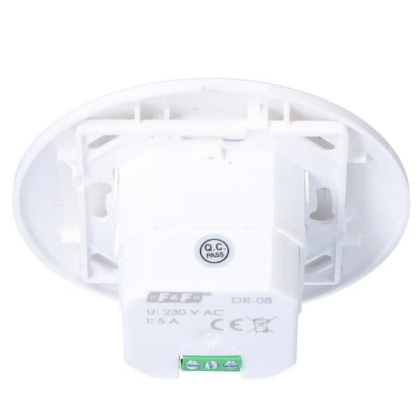 PIR-bevægelsessensor DR-08 - 360°, Un=230V AC, P=1000W, loft- og planforsænket FI60, hvid