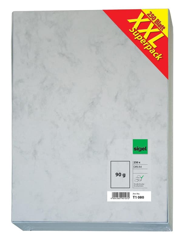 Kopieringspapper Sigel Marmor/Marble Grey (T1 080) A4 90g, 250 ark/fp (XXL Superpack)