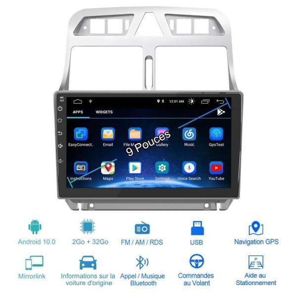 AWESAFE Carplay bilradio för Peugeot 307 307CC 307SW (2002-2013) Android 12,[2GB+32GB] 9-tums pekskärm med Android AutoGPS