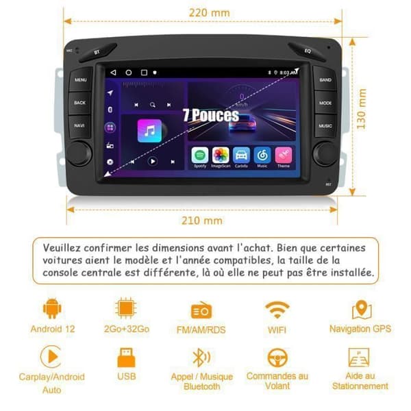 AWESAFE Android 12 bilradio för Mercedes Benz CLK W209, W203, W463, W208 [2GB+32GB] med Carplay Android Auto 7-tums skärm GPS